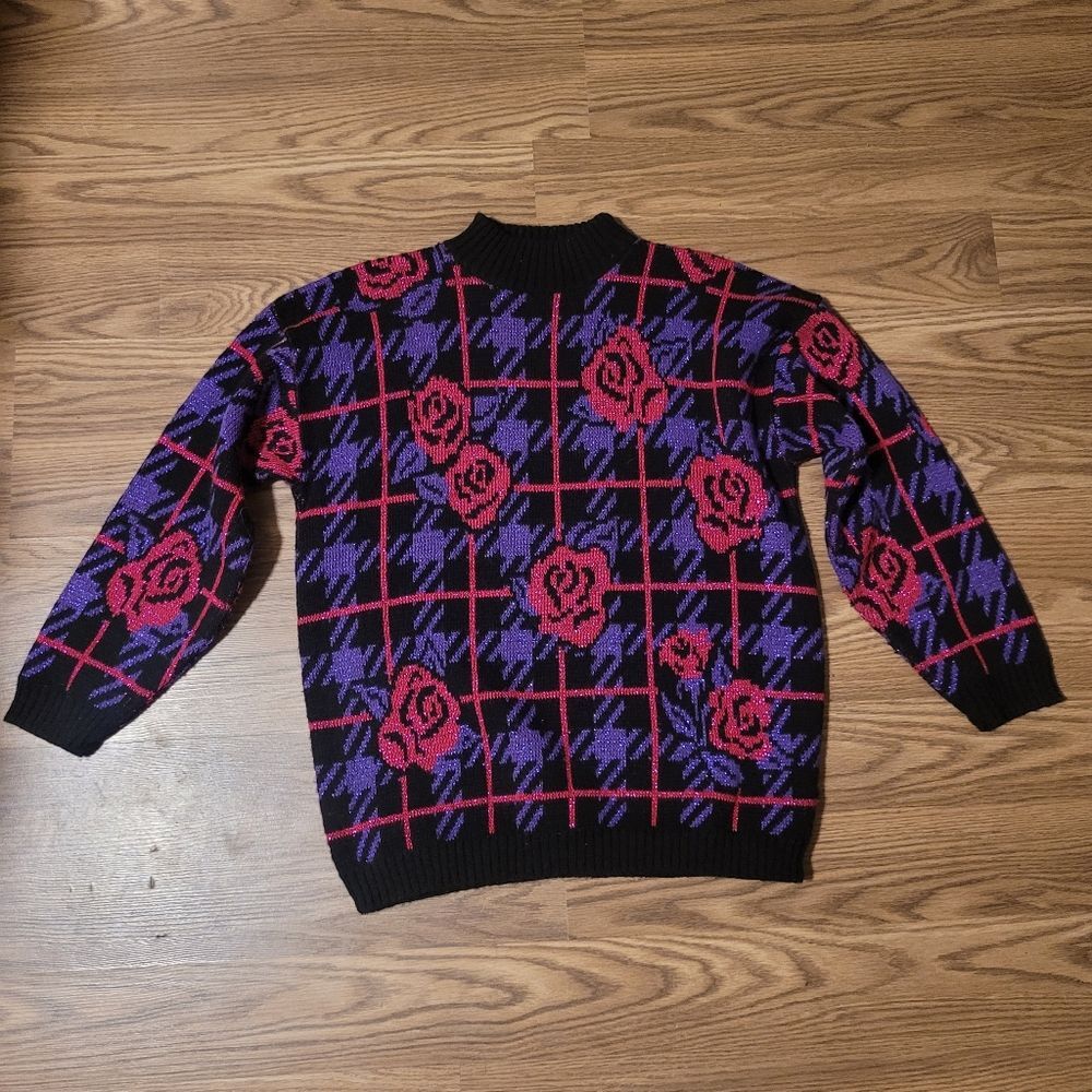 Sparkly Floral Patterned Black and Purple Vintage Sweater